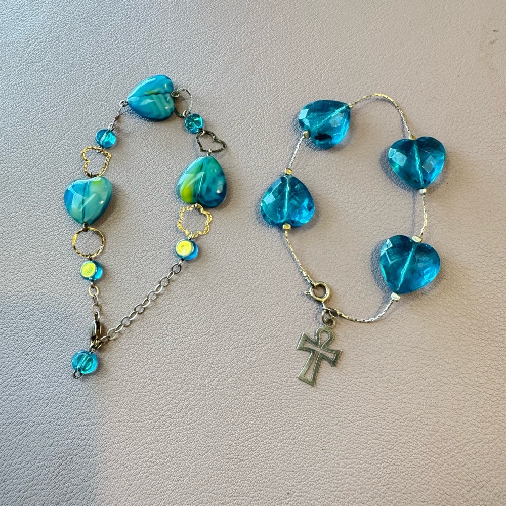 Blue Glass Heart Bead Bracelets - Set of 2